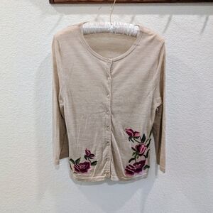Garnet Hill Merino Wool Beige Cardigan with Floral Embroidery